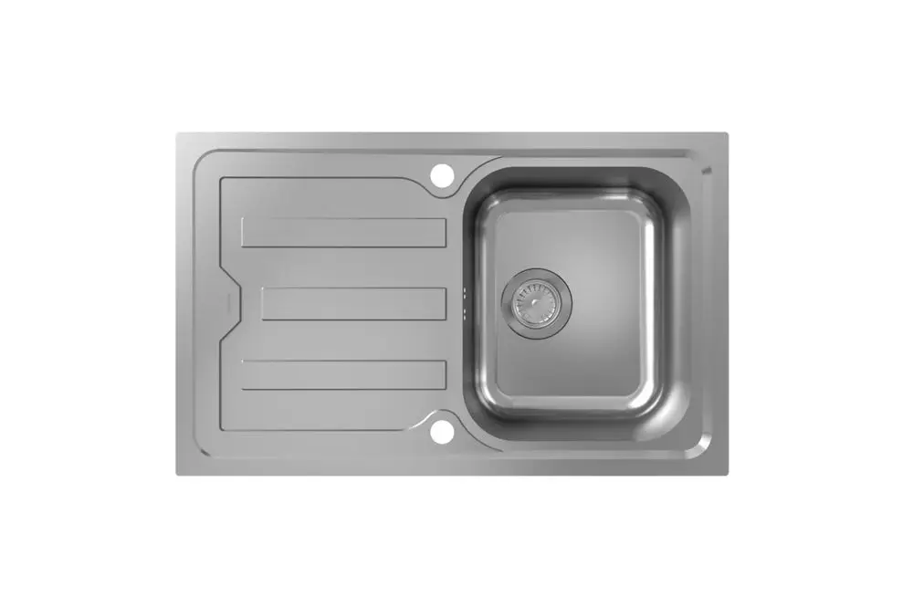 Einbauspüle aus Edelstahl mit einer tiefen Becken und einer kurzen Abtropffläche. Mit automatischer Ablaufgarnitur und Öffnungen für Wasserhahn und Zubehör von Hansgrohe.